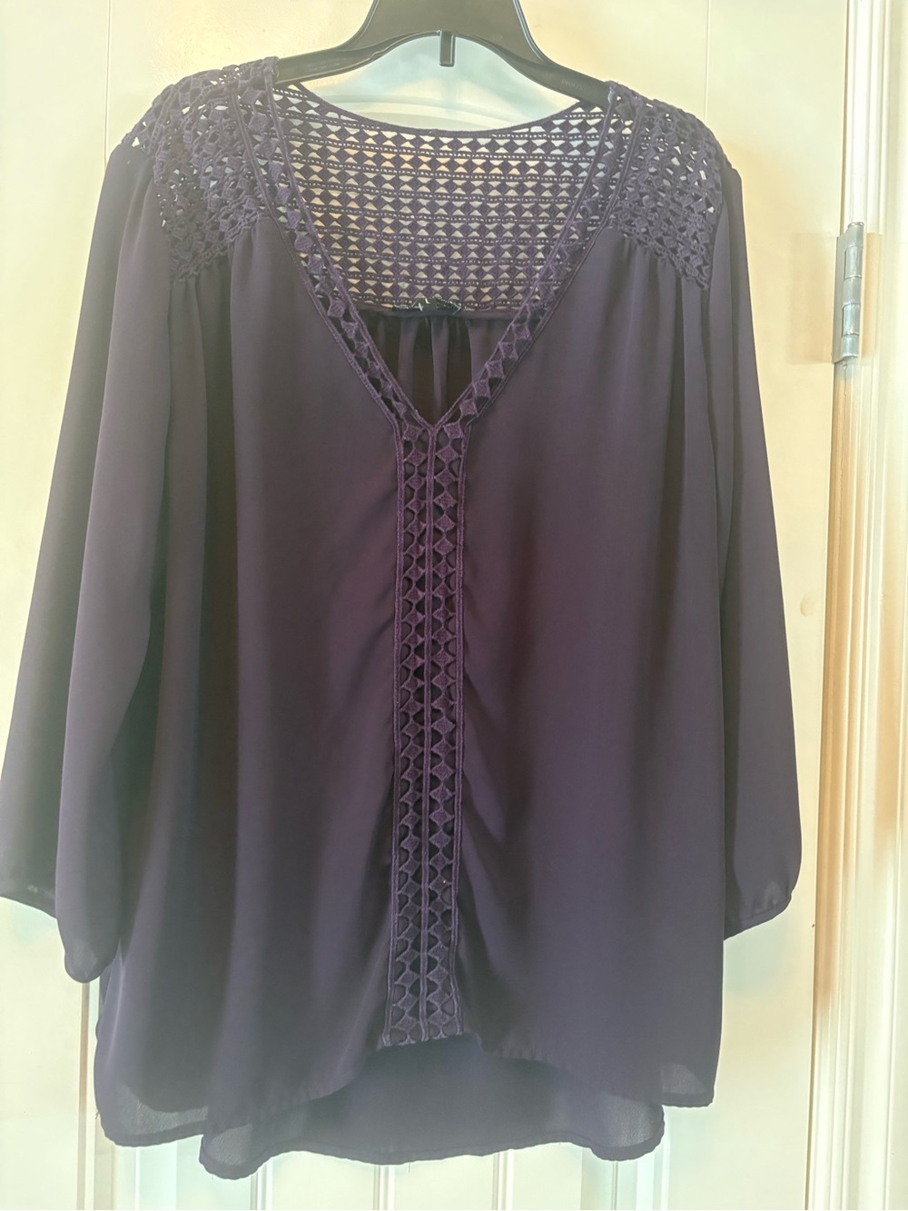 Women's Purple Crochet Yoke V-Neck Blouse